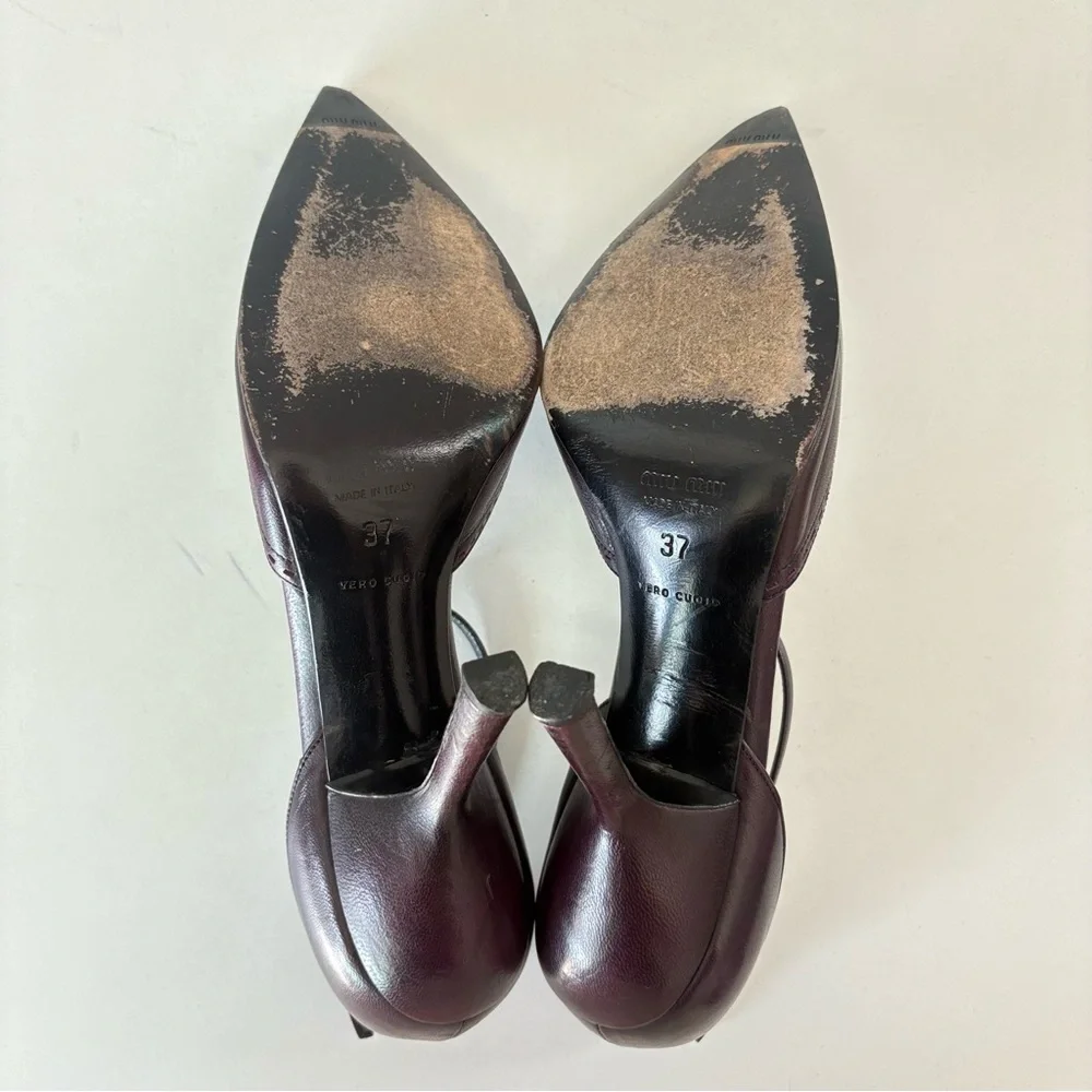 Miu Miu Dark Burgundy Leather Ankle Strap Pointed Toe Women’s Pump Heels US Sz 7 - Picture 10 of 13